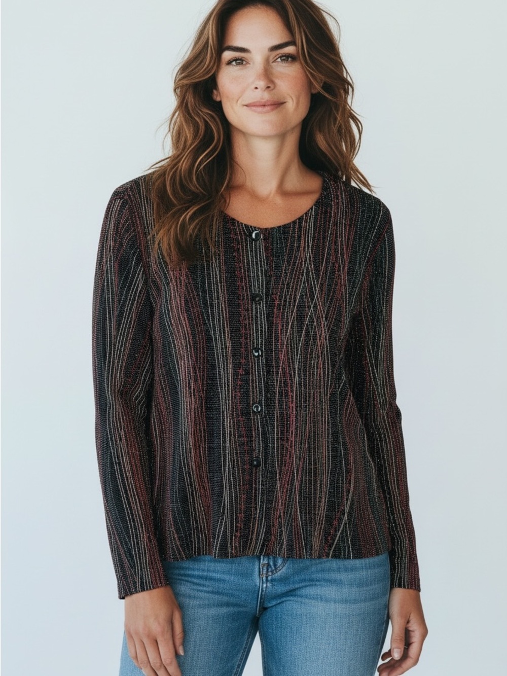 Vintage Holiday Season Button-Front Long Sleeve Top, Metallic, Lightweight